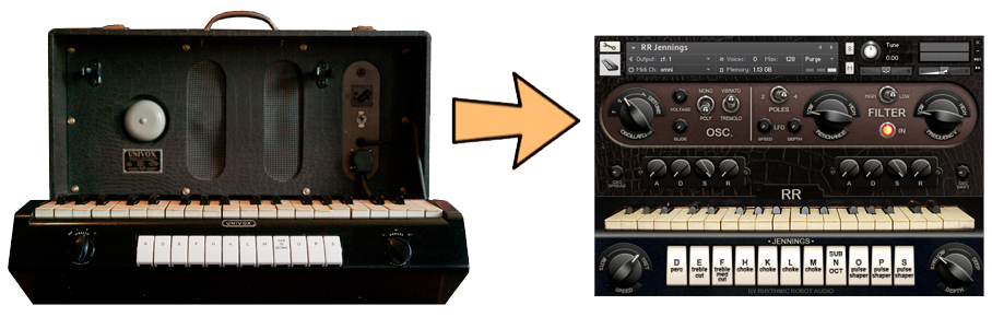 An example of how we sample vintage synthesisers and turn them into software virtual instruments. On the left, the original Jennings Univox; on the right, our Kontakt user interface for the same instrument