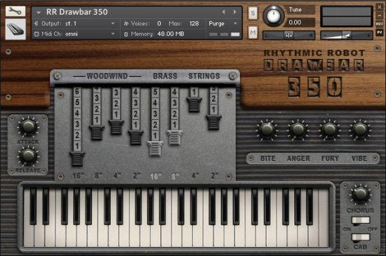 Drawbar 350 Kontakt synth front panel UI