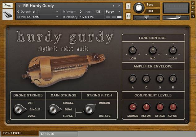 Front panel UI of our Kontakt hurdy-gurdy, showing the tone and string controls for drones and melody