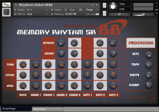 SR88 Kontakt drum machine front panel UI