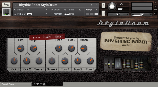 Stylodrum Kontakt drum machine rear panel UI