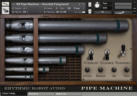 The user interface of Pipe Machine, a Kontakt library sampled from vintage organ pipes